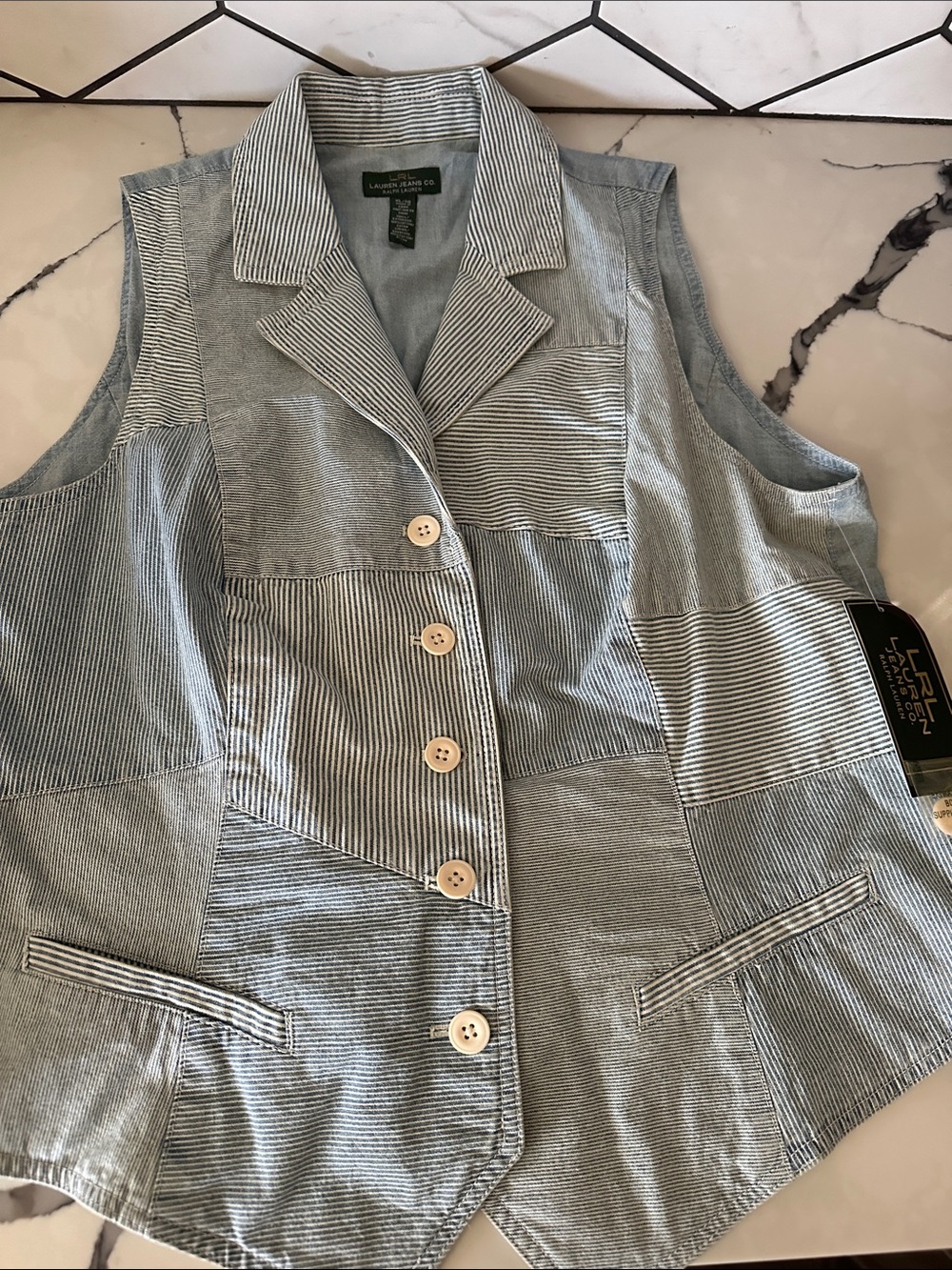 Lauren Ralph Lauren Light Blue Striped Patchwork Vest - Picture 4 of 7